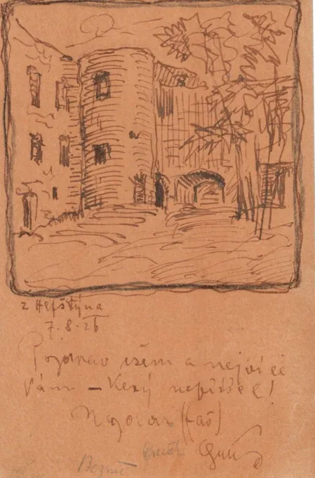 Helfštýn, MF, dopisnice, podpis Petr Bezruč, 1926