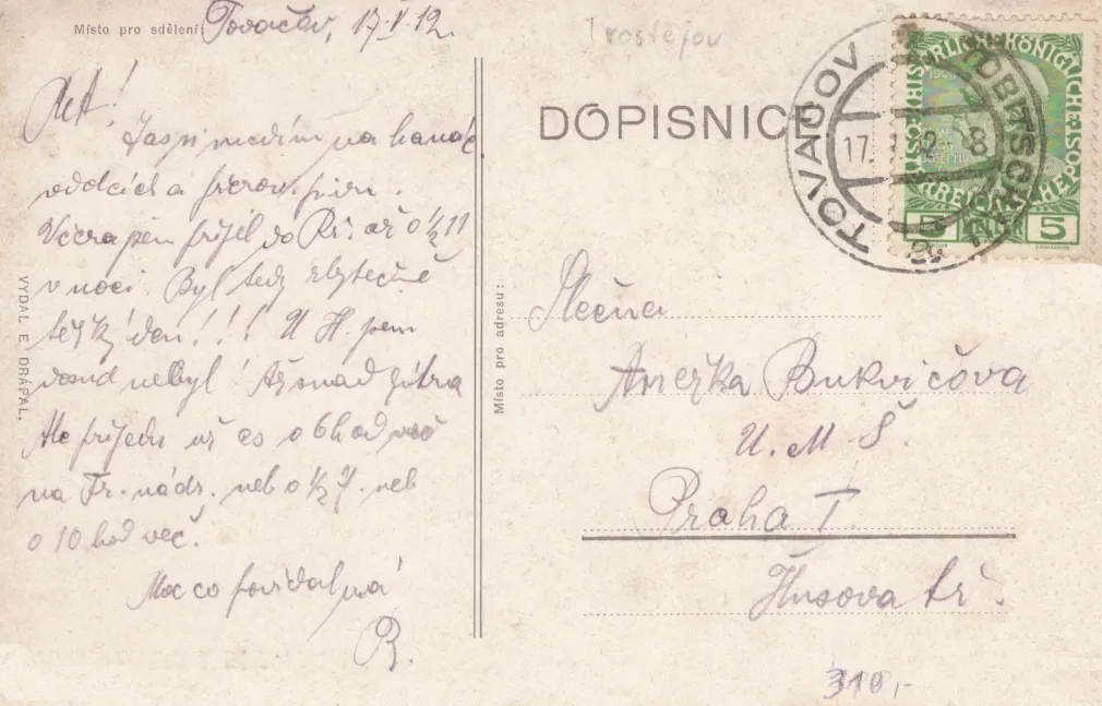 Tovačov, MF, vydal E. Drápal, prošlá 1912